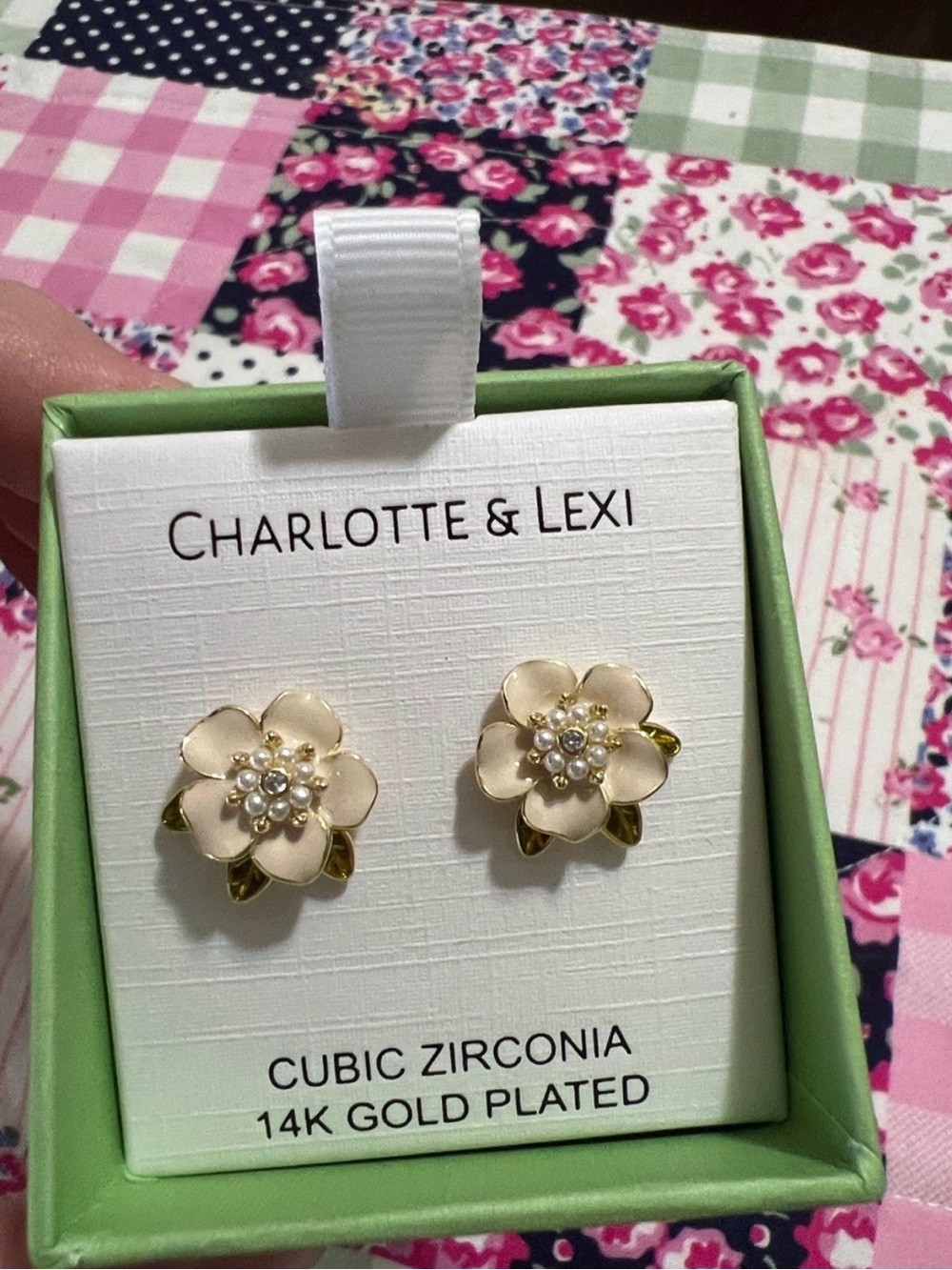 Cream Floral Cubic Zirconia Stud Earrings - 14K Gold Plated